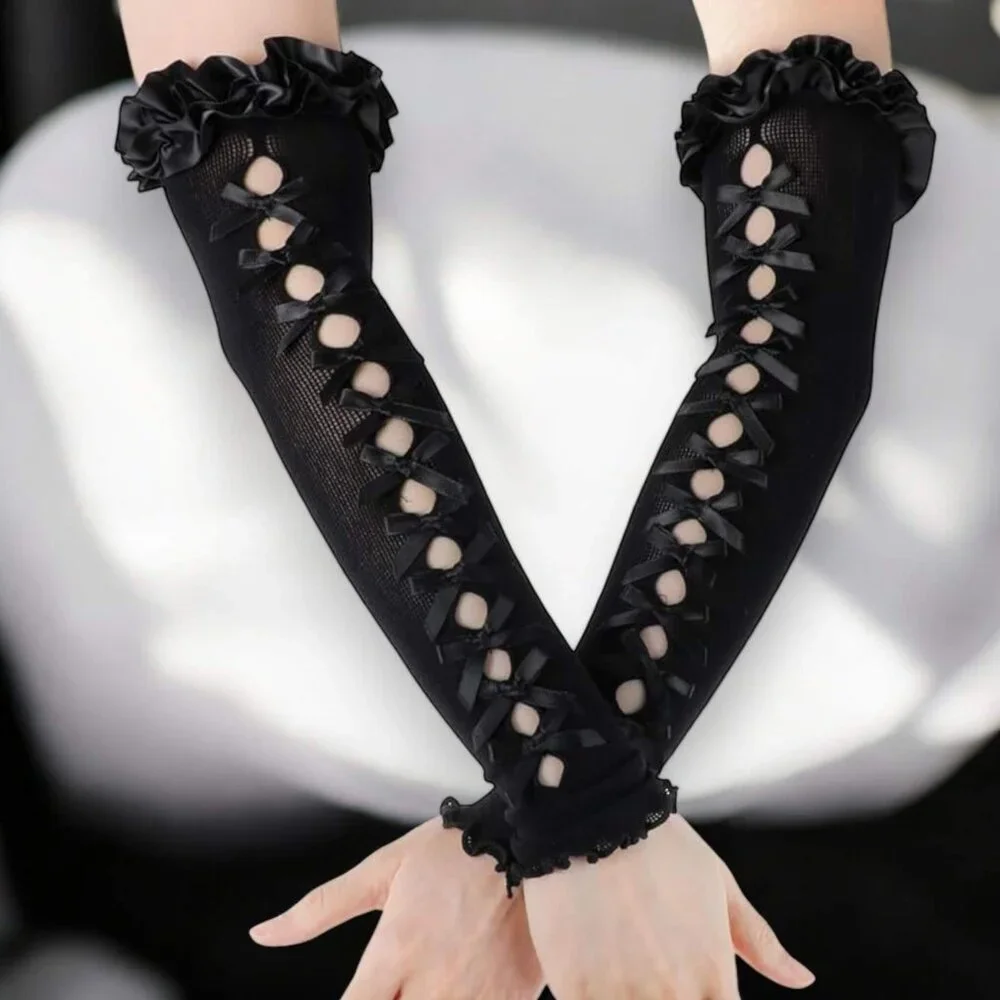 Black Cut Out Ribbon Long Arm Warmer Sleeves OS NWT